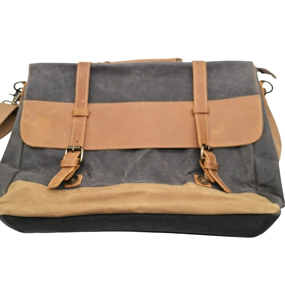 NEWHEY Waxed Canvas Messenger Bag Leather Laptop Briefcase Shoulder Bag Gray
